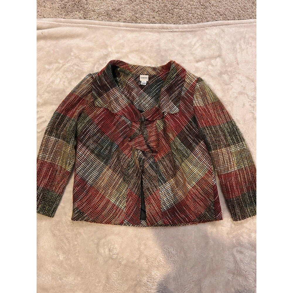 Chico's Metallic Plaid Tweed Open Front Jacket Size 3 Large XL Ruffle Collar